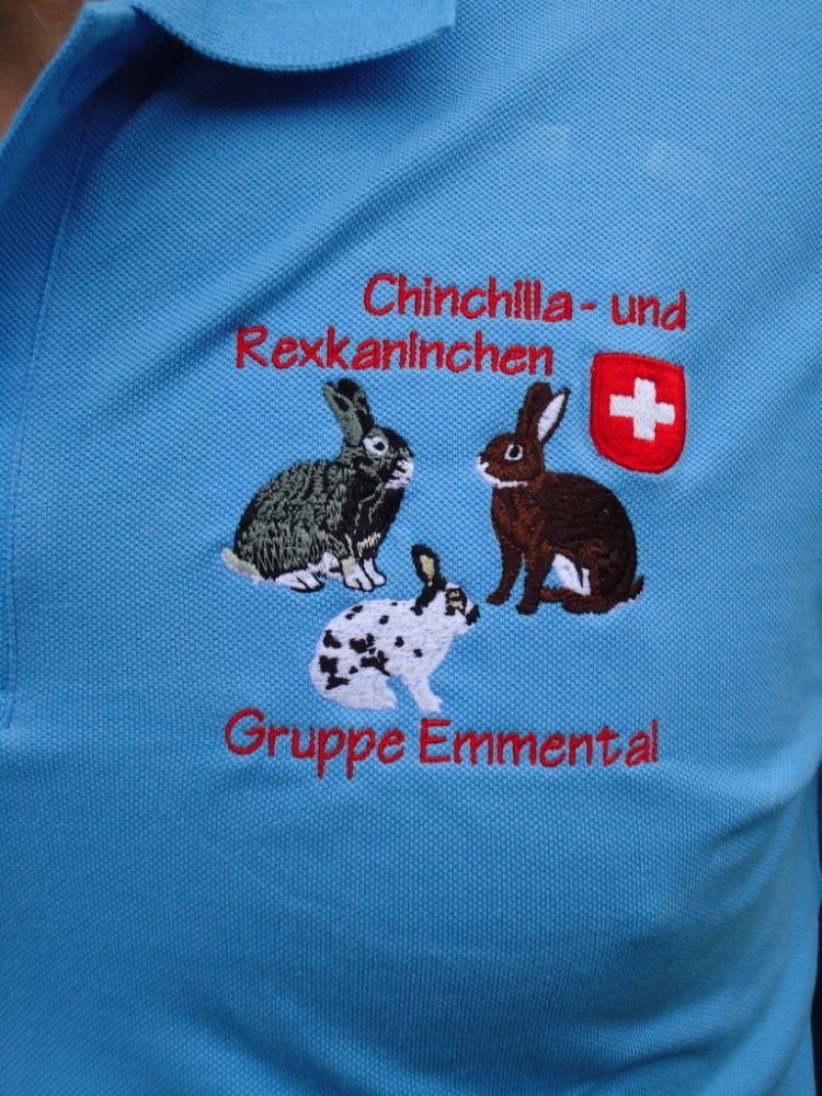 Logo-Stickerei auf dem T-Shirt von der Gruppe Emmental